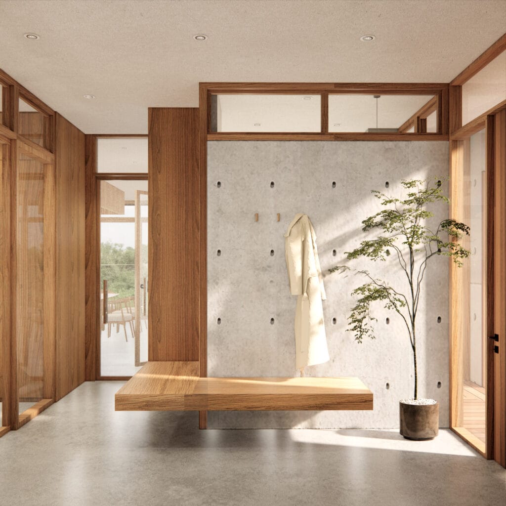 Entré med svævende bænk – Villa Malling