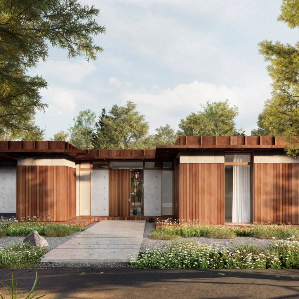 Facade med træbeklædning og beton – Villa Malling