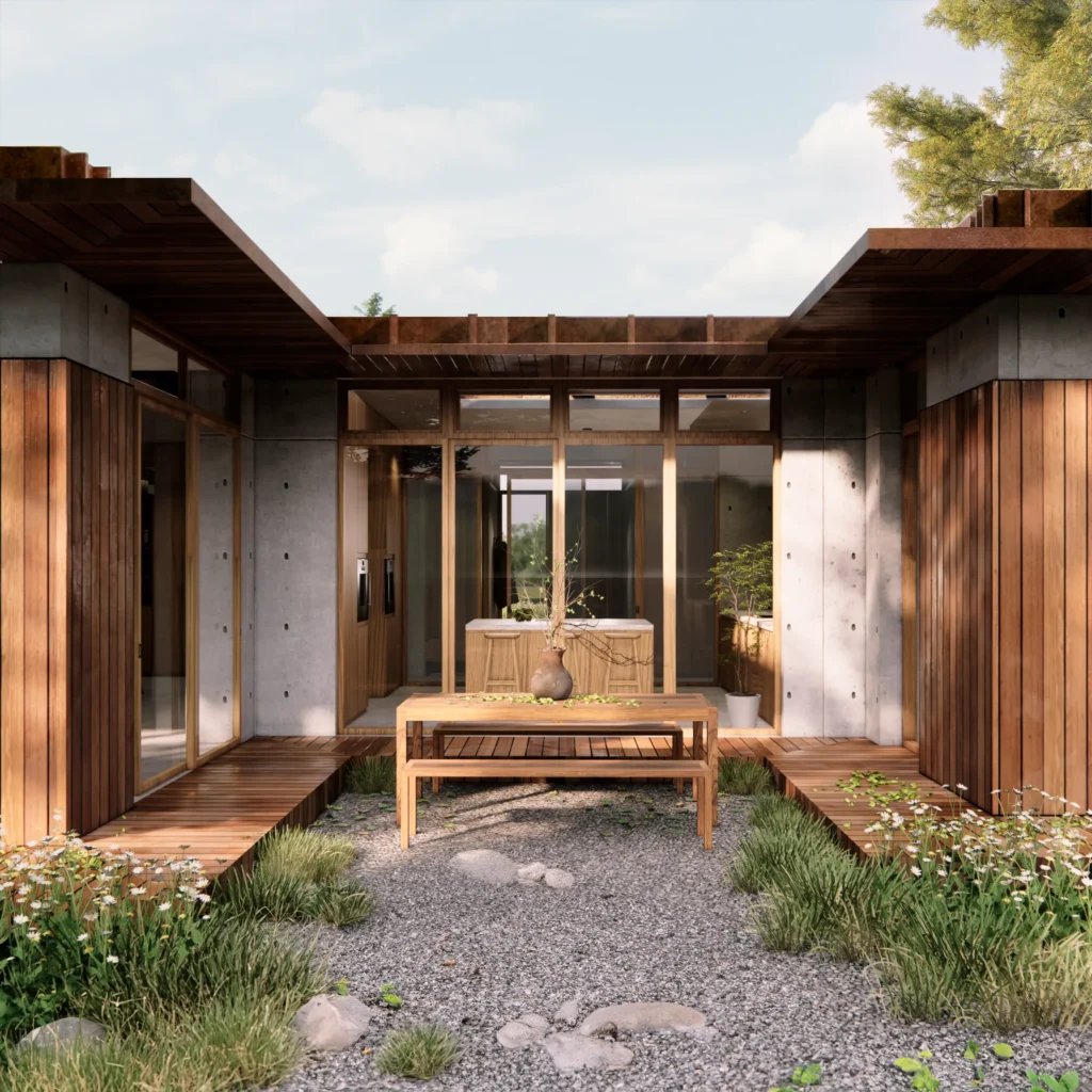 Indgangsgård med bord og beplantning – Villa Malling